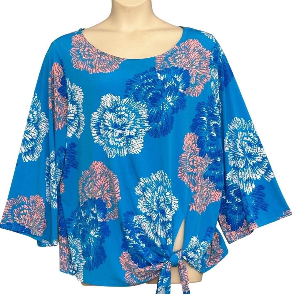 Boho Tropical Womens Top Plus 3X Blue Floral Jersey Knit Tie Resortwear Cruise